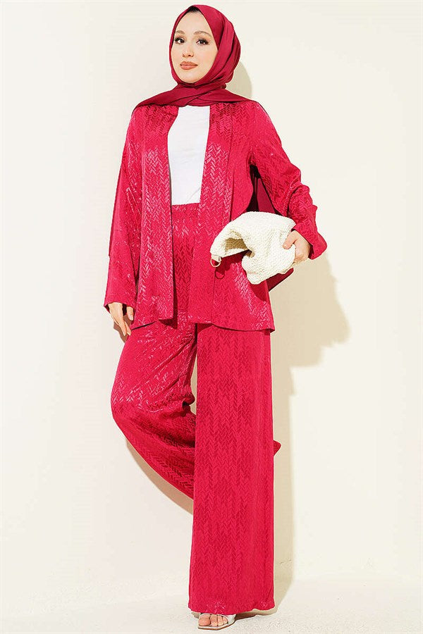 Direction Pattern Shawl Collar Jacquard 2 Piece Set Burgundy