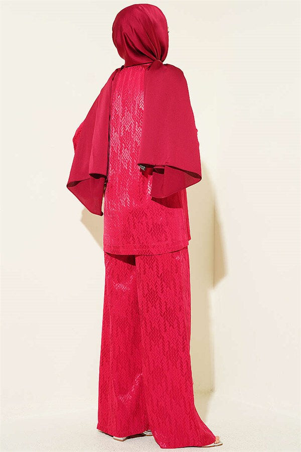 Direction Pattern Shawl Collar Jacquard 2 Piece Set Burgundy