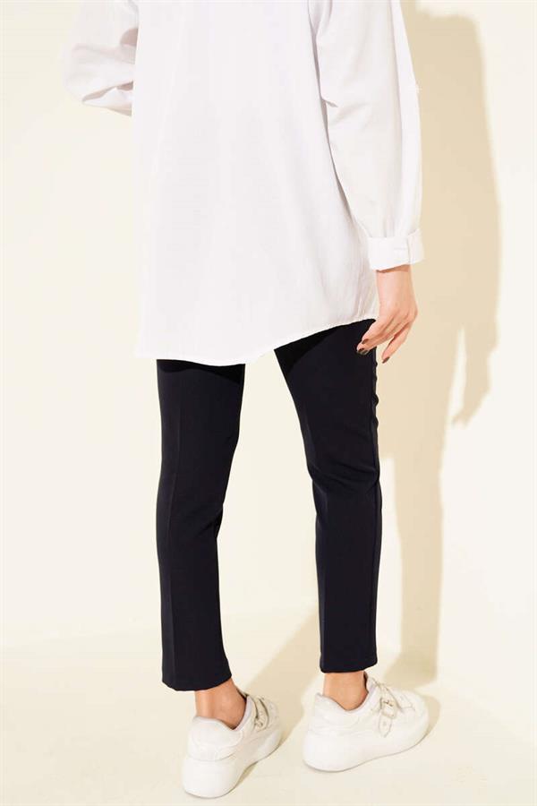 High Waist Belted Navy Blue Trousers