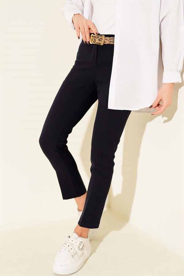 High Waist Belted Navy Blue Trousers