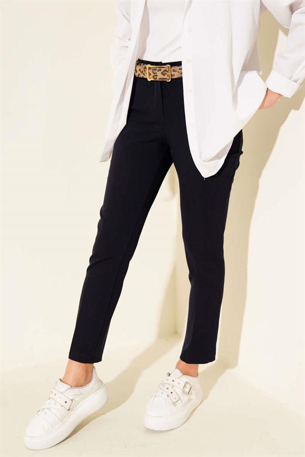 High Waist Belted Navy Blue Trousers
