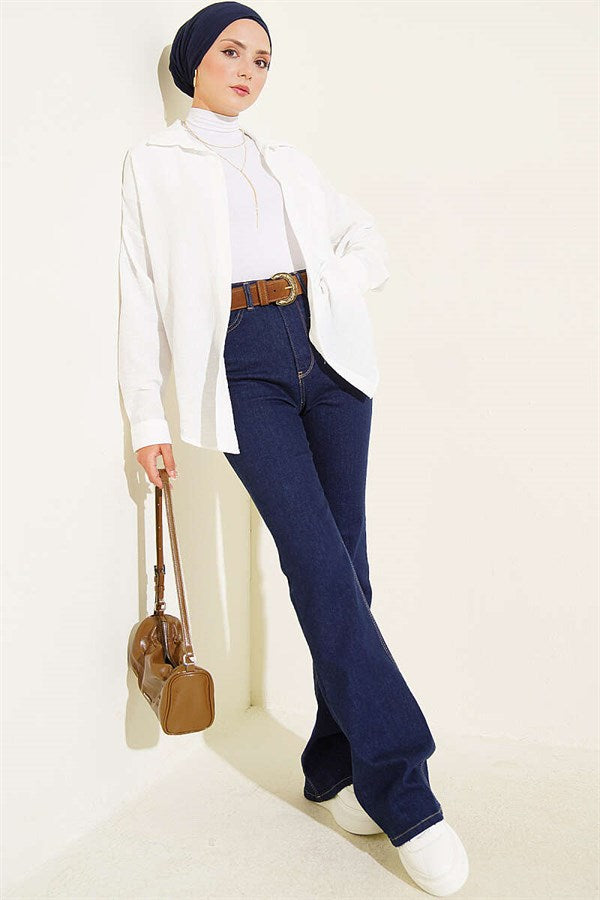 High-Waisted Spanish-Style Wide-Leg Trousers, Navy Blue