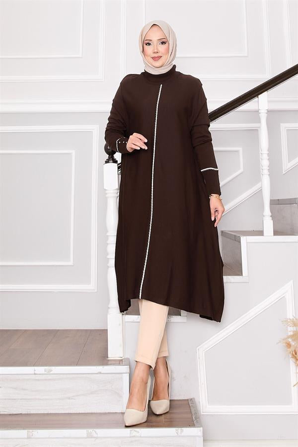 Elegant Glitter Striped Mevlana Knit Tunic Brown