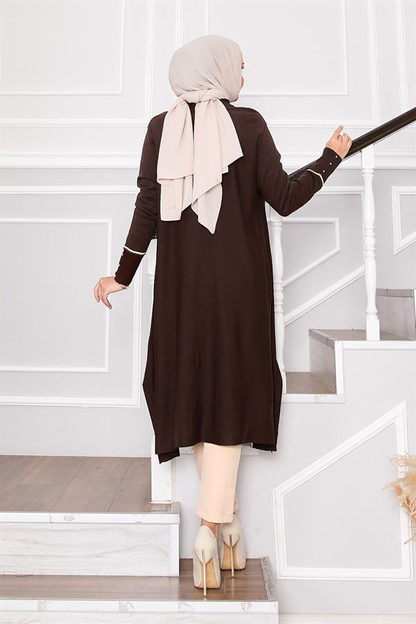 Elegant Glitter Striped Mevlana Knit Tunic Brown