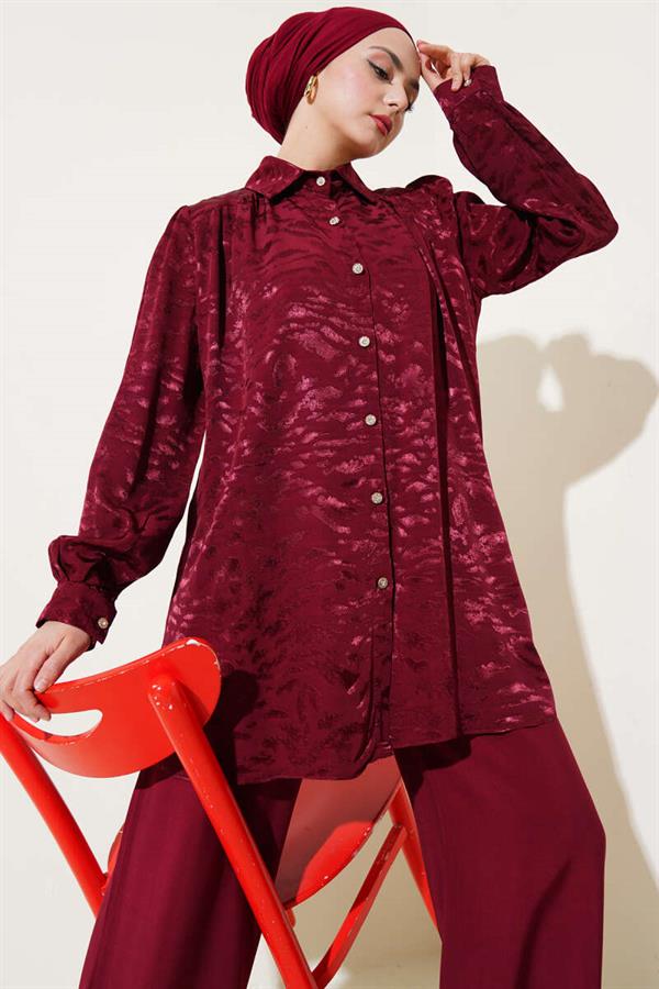 Zebra Pattern Jacquard Tunic 2 Piece Set Claret Red