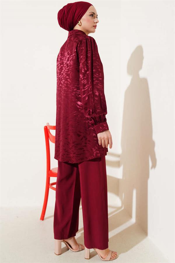 Zebra Pattern Jacquard Tunic 2 Piece Set Claret Red