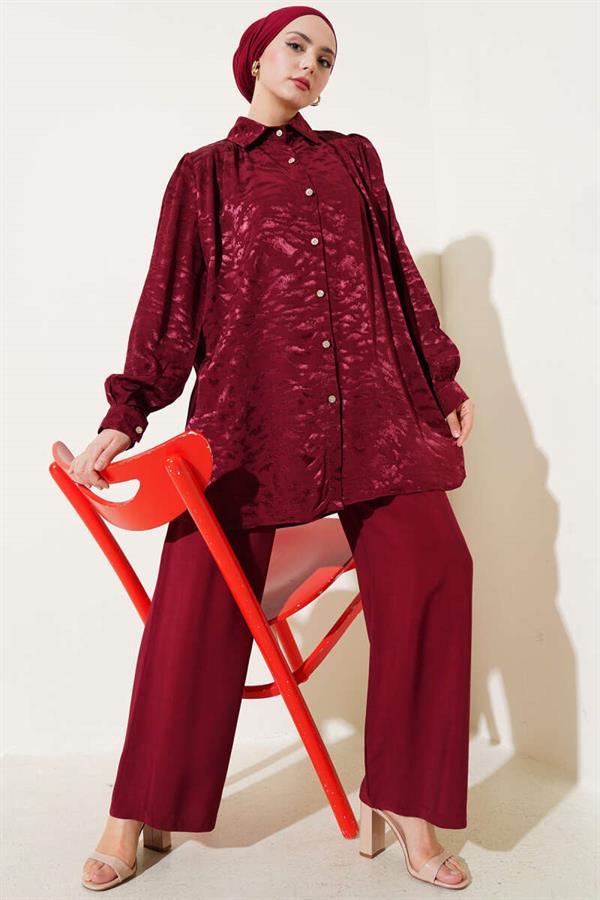 Zebra Pattern Jacquard Tunic 2 Piece Set Claret Red