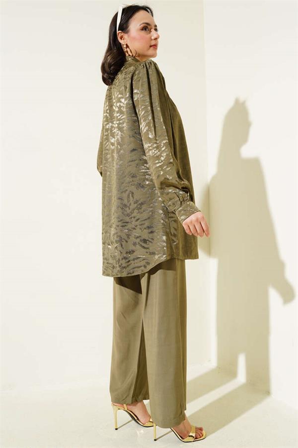 Zebra Pattern Jacquard Tunic 2 Piece Set Khaki