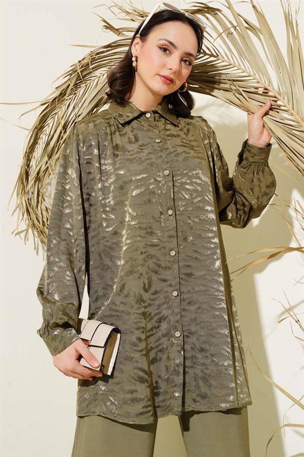Zebra Pattern Jacquard Tunic 2 Piece Set Khaki