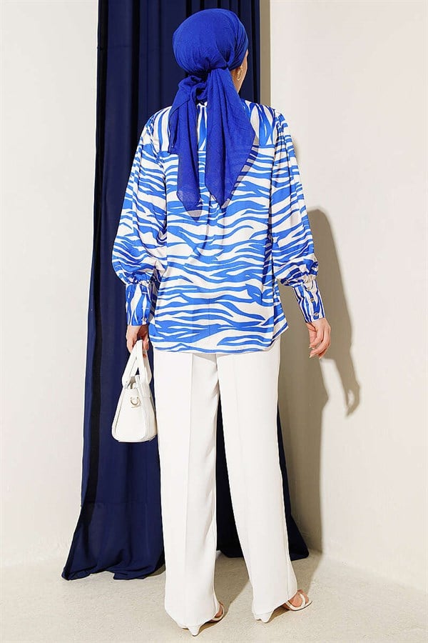 Zebra Patterned Satin Shirt (Navy Blue)