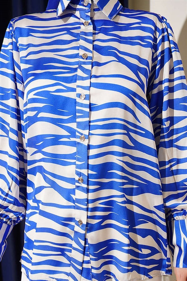 Zebra Patterned Satin Shirt (Navy Blue)