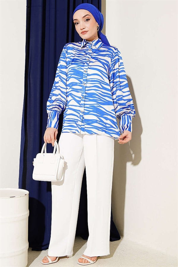 Zebra Patterned Satin Shirt (Navy Blue)