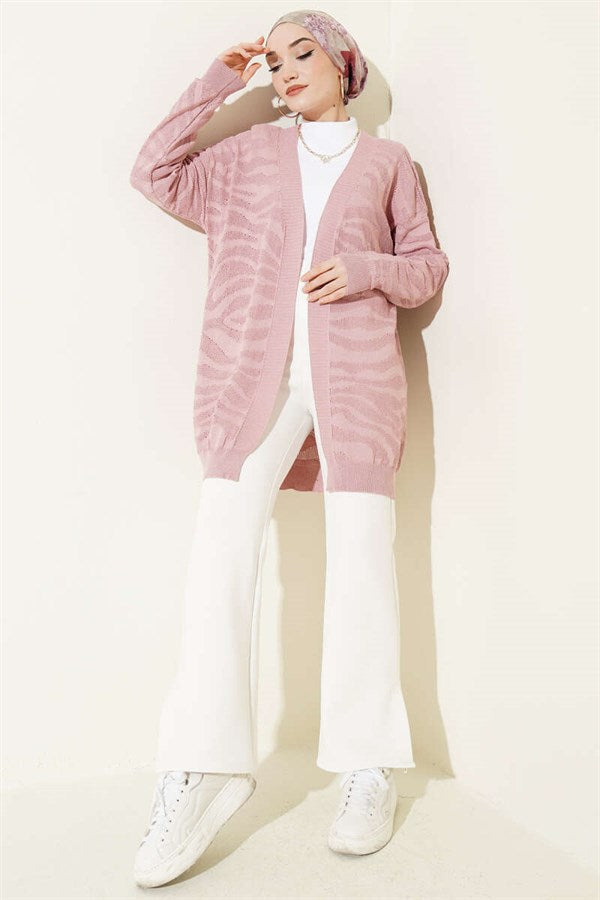 Zebra Patterned Knitted Cardigan, Rose Pink