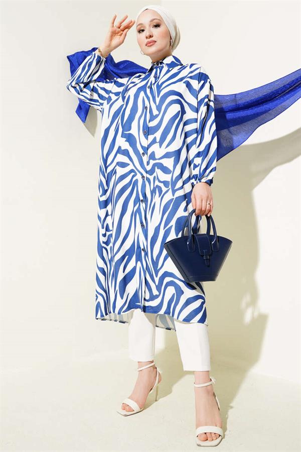 Zebra Patterned Long Shirt Navy Blue