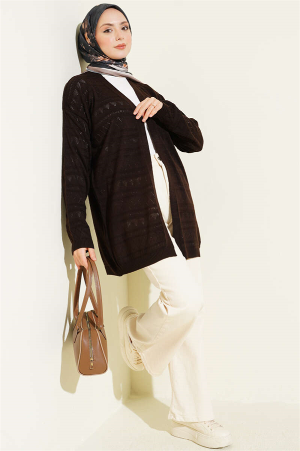 Zigzag Openwork Basic Knit Cardigan Dark Brown