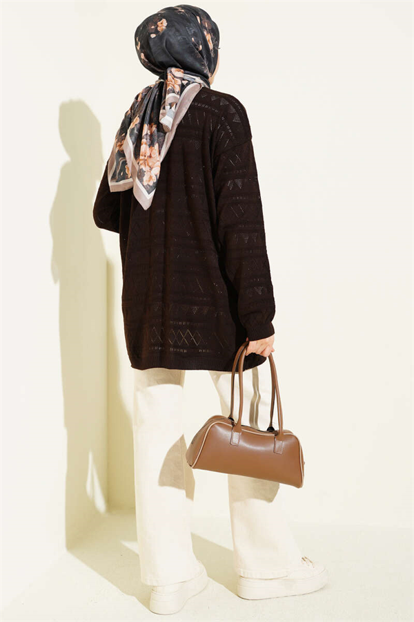 Zigzag Openwork Basic Knit Cardigan Dark Brown