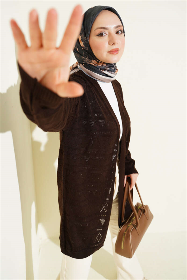 Zigzag Openwork Basic Knit Cardigan Dark Brown