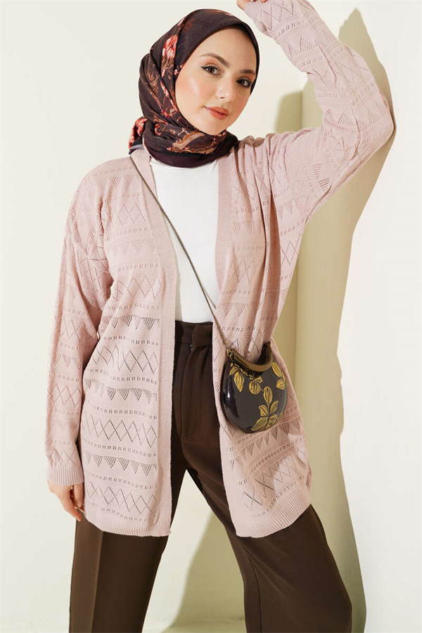 Zigzag Openwork Basic Knit Cardigan Powder Pink