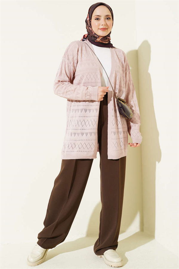 Zigzag Openwork Basic Knit Cardigan Powder Pink