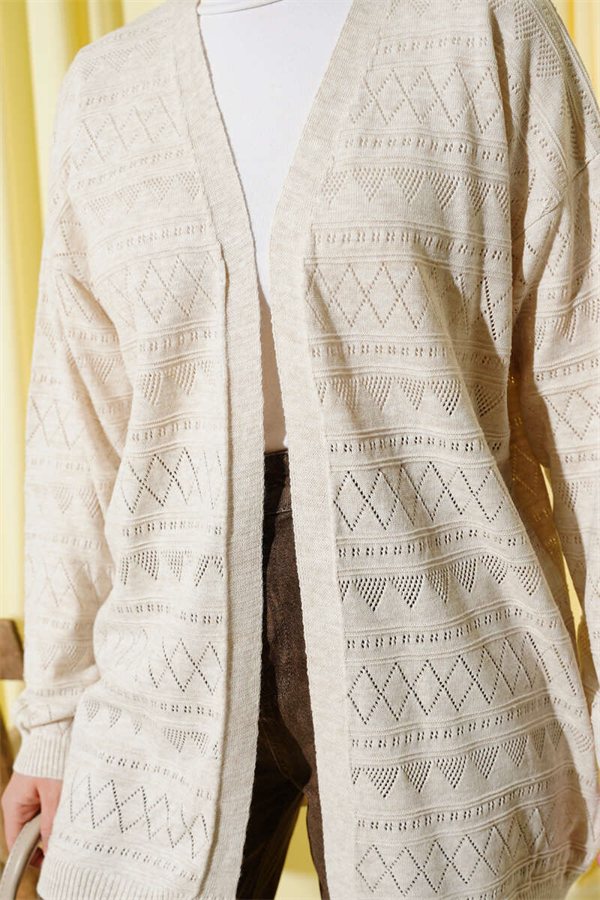 Zigzag Openwork Basic Knit Cardigan Stone
