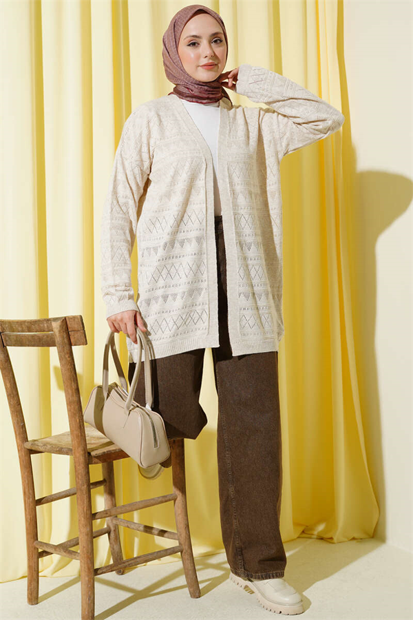 Zigzag Openwork Basic Knit Cardigan Stone