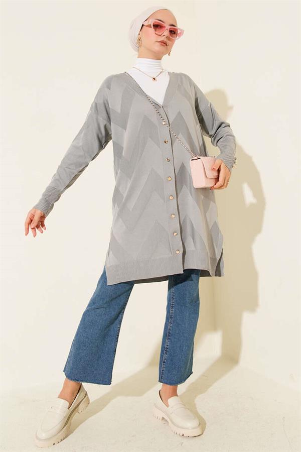 Zigzag Patterned Buttoned Mercerized Cardigan Gray