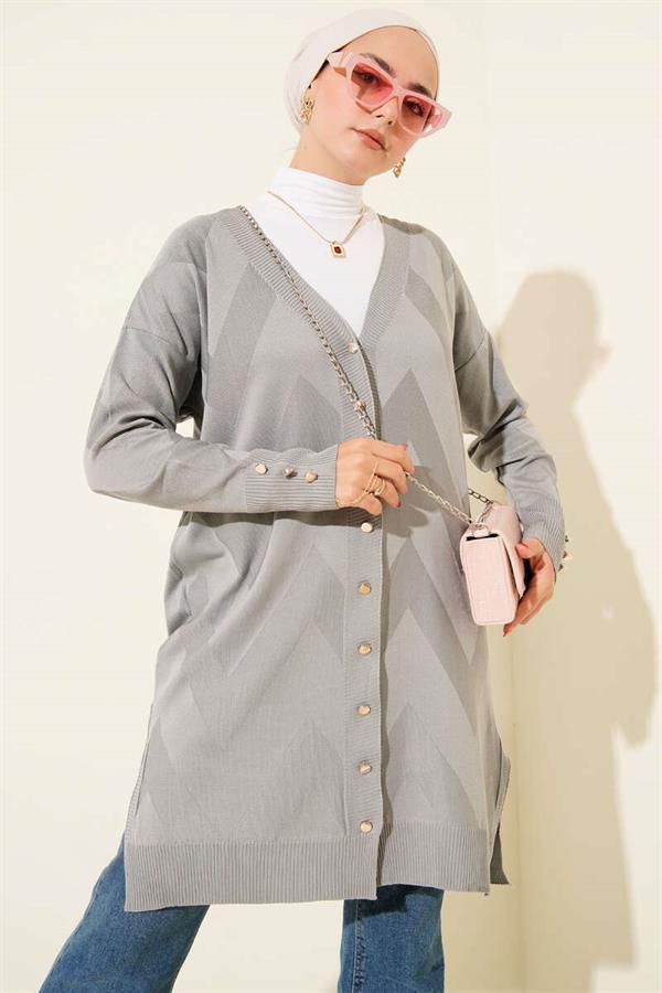 Zigzag Patterned Buttoned Mercerized Cardigan Gray