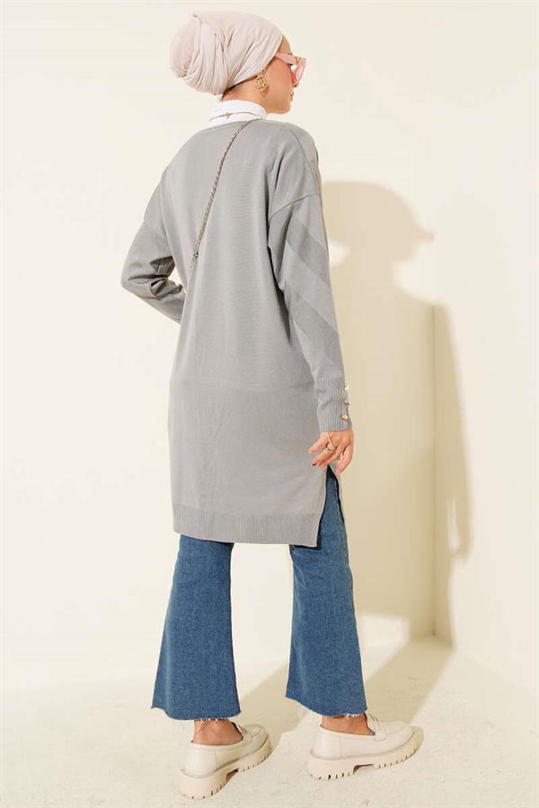 Zigzag Patterned Buttoned Mercerized Cardigan Gray