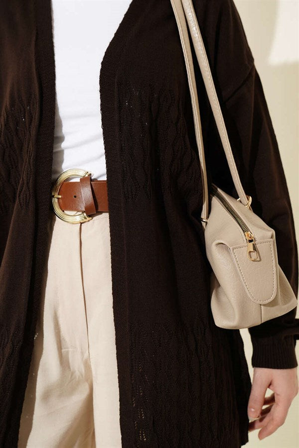 Zigzag Patterned Knitted Basic Cardigan, Brown