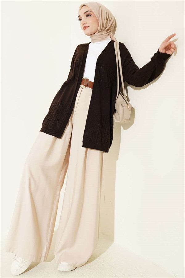 Zigzag Patterned Knitted Basic Cardigan, Brown