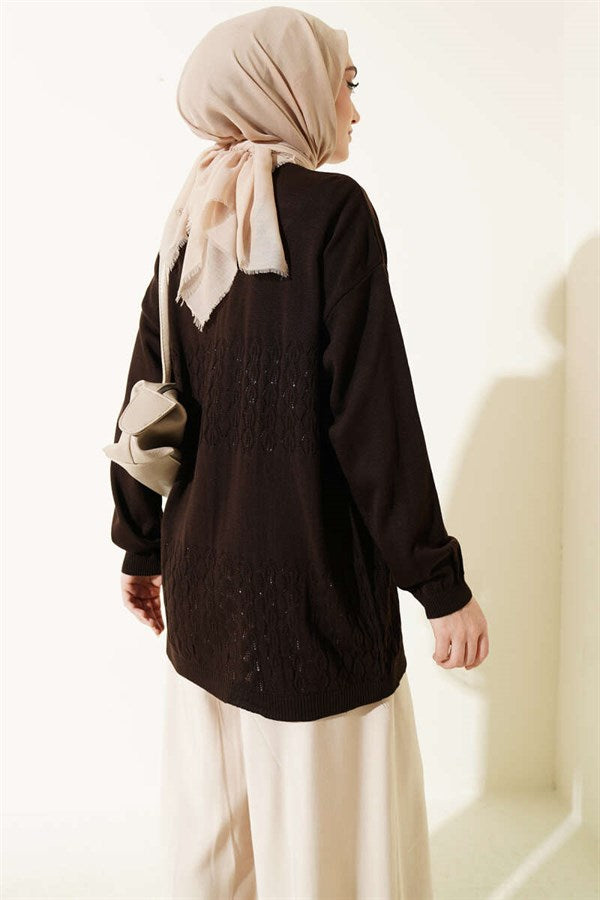 Zigzag Patterned Knitted Basic Cardigan, Brown