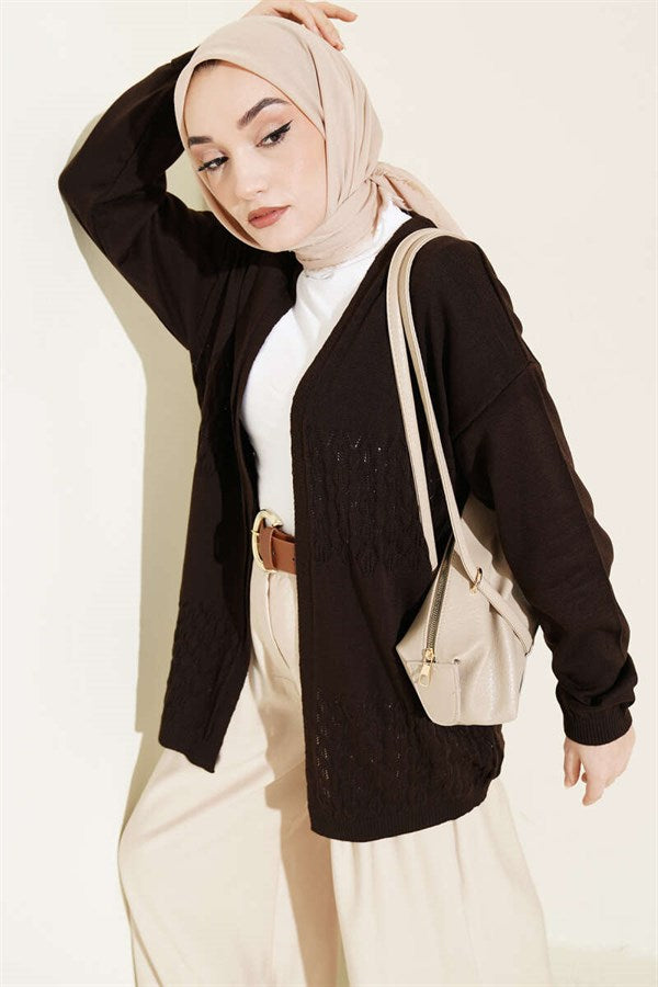 Zigzag Patterned Knitted Basic Cardigan, Brown
