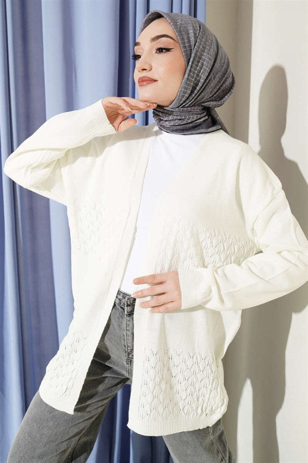Zigzag Patterned Knitted Basic Cardigan Bone