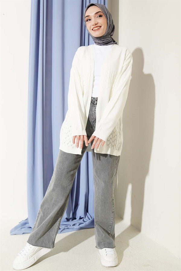 Zigzag Patterned Knitted Basic Cardigan Bone
