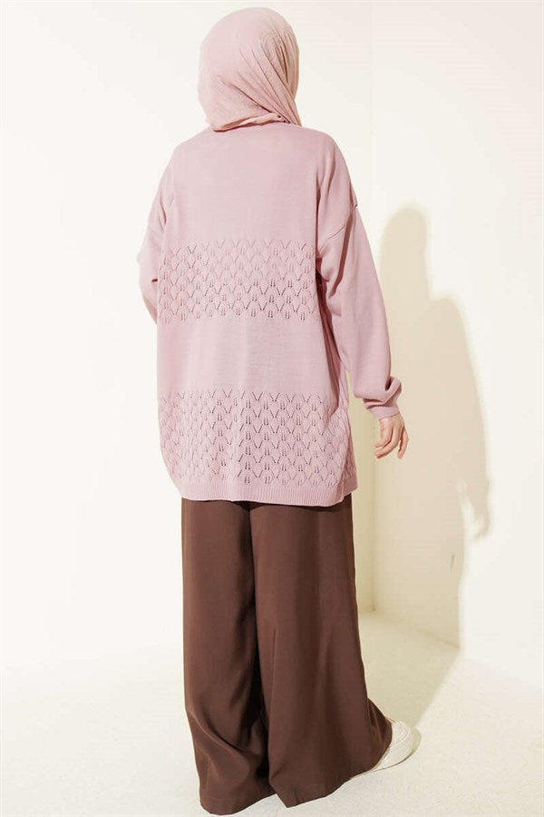 Zigzag Patterned Knitted Basic Cardigan Powder Pink