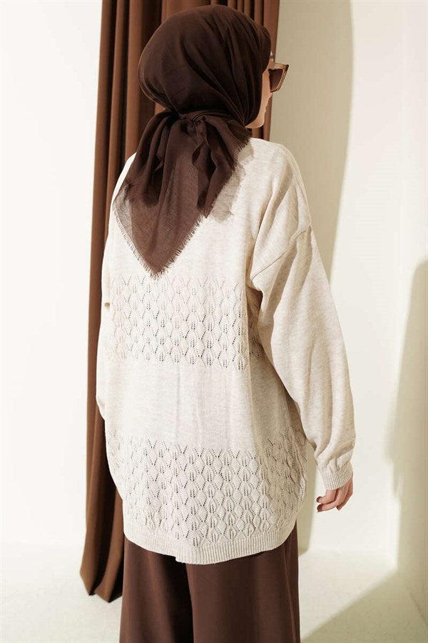 Zigzag Patterned Knitted Basic Cardigan Stone