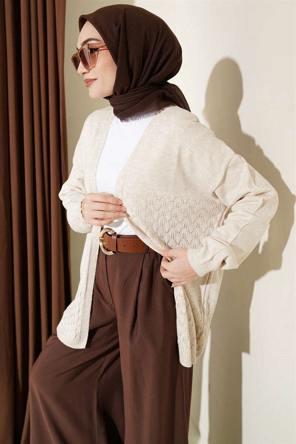 Zigzag Patterned Knitted Basic Cardigan Stone
