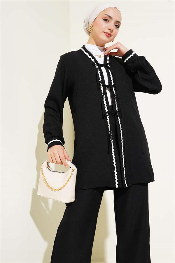 Zigzag Detailed Lace-Up 2 Piece Set Black