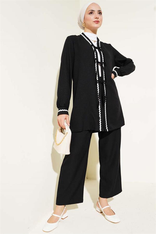Zigzag Detailed Lace-Up 2 Piece Set Black