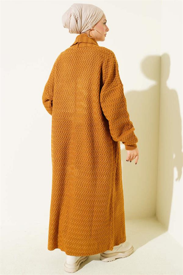 Zigzag Embossed Knitwear Long Cardigan Camel