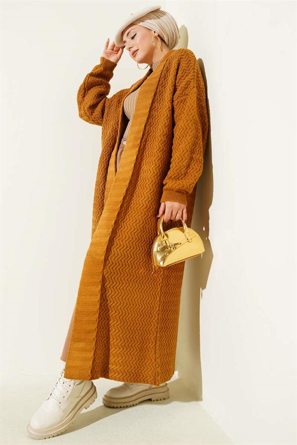 Zigzag Embossed Knitwear Long Cardigan Camel