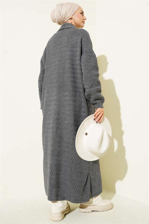 Zigzag Embossed Knitwear Long Cardigan Smoke
