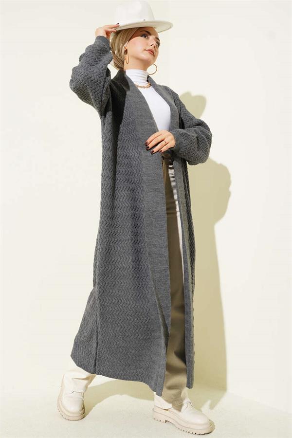 Zigzag Embossed Knitwear Long Cardigan Smoke
