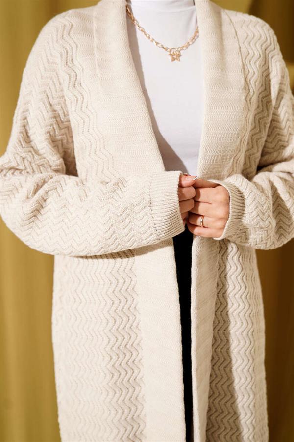 Zigzag Embossed Knitwear Long Cardigan Stone