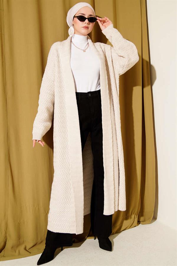 Zigzag Embossed Knitwear Long Cardigan Stone