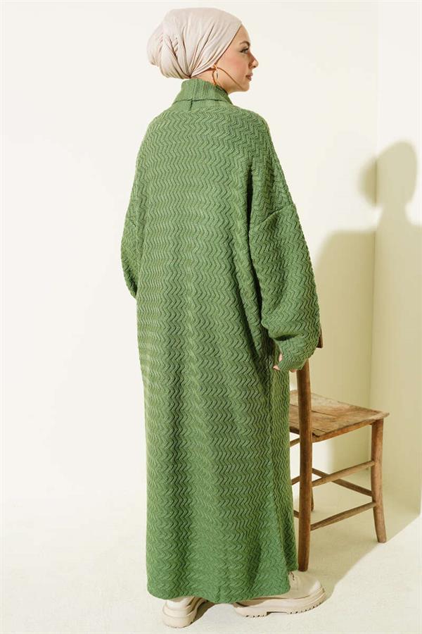 Zigzag Embossed Knitwear Long Cardigan Green