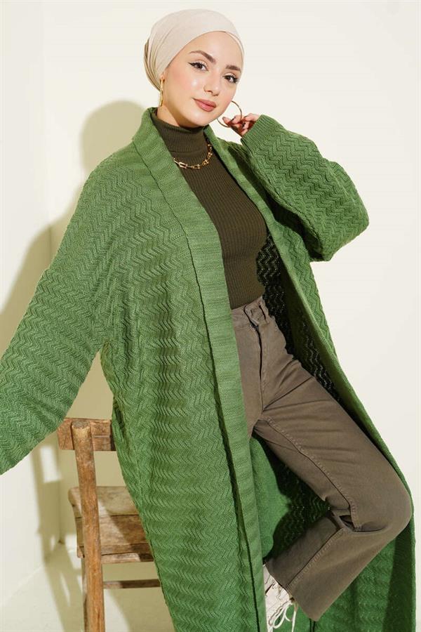 Zigzag Embossed Knitwear Long Cardigan Green