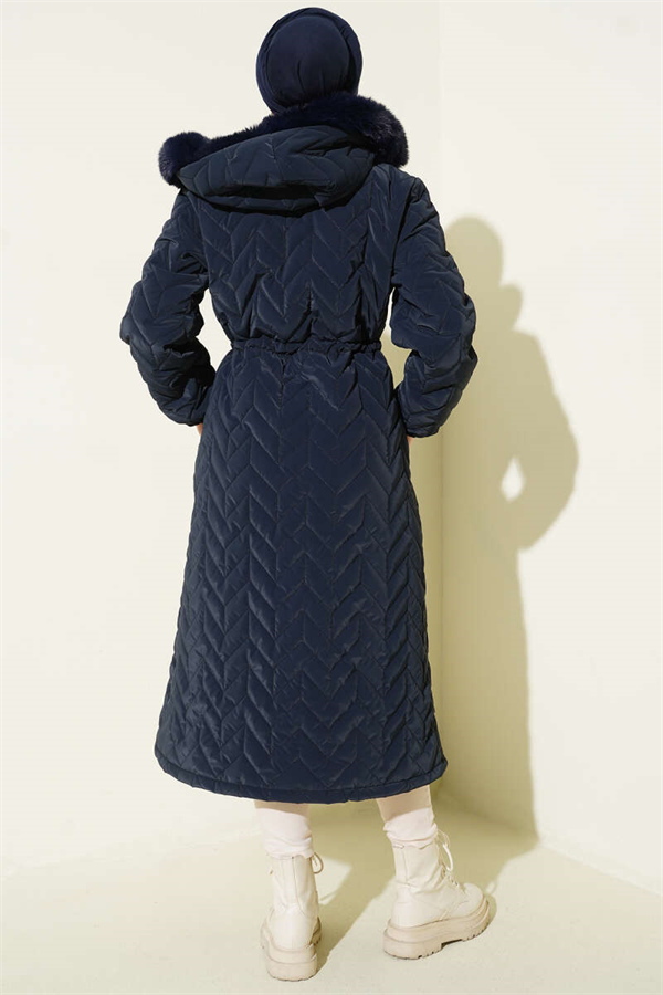 Zigzag Quilted Hooded Puffer Jacket Navy Blue