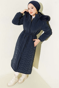 Zigzag Quilted Hooded Puffer Jacket Navy Blue