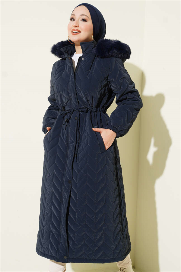 Zigzag Quilted Hooded Puffer Jacket Navy Blue